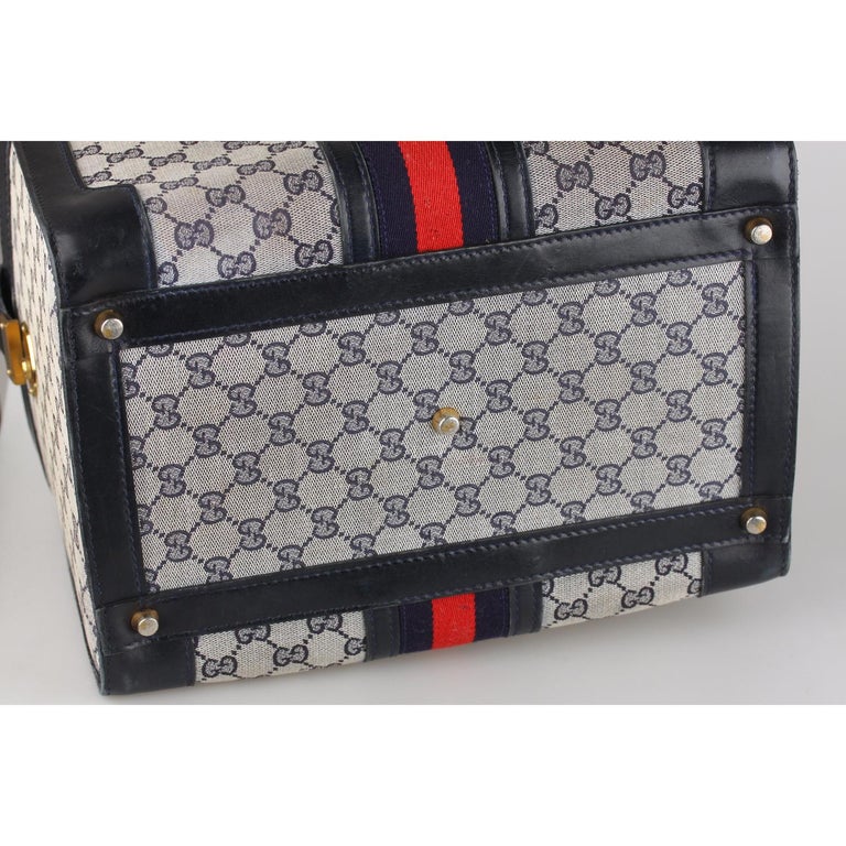 Gucci Vintage Blue Monogram Canvas Train Case Beauty with Stripes For