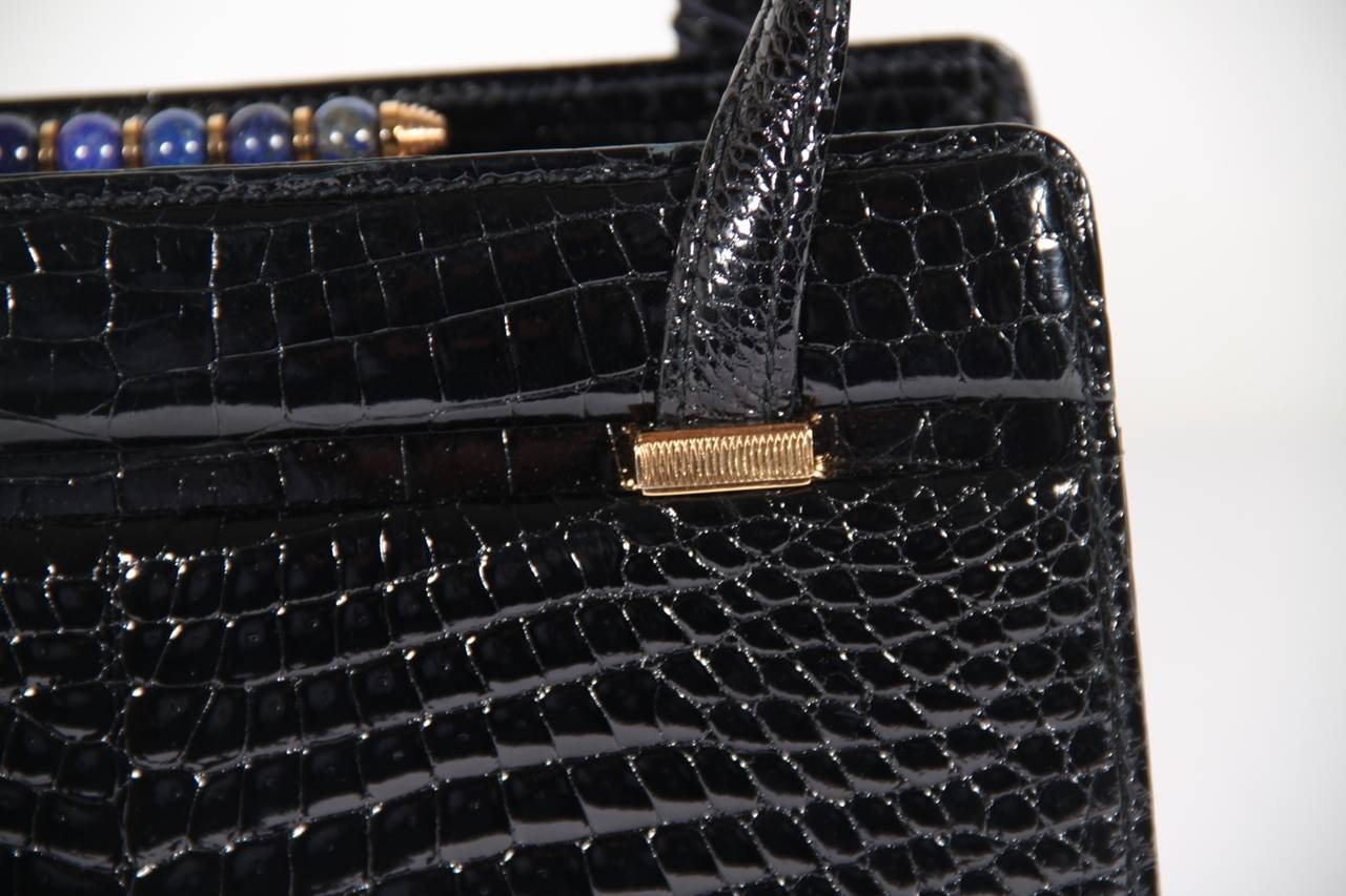 Women's GUCCI Italian RARE VINTAGE Black CROCODILE Tote HANDBAG Purse w/ LAPIS