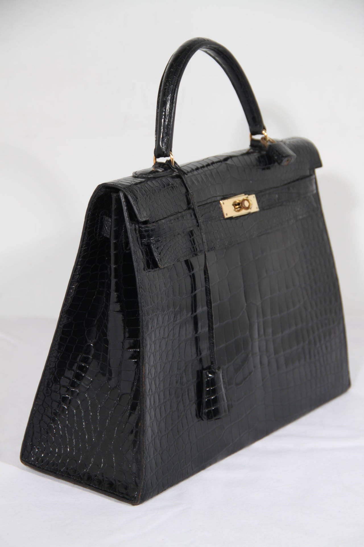 HERMES PARIS VINTAGE Black CROCODILE SKIN Leather KELLY BAG 35 ...