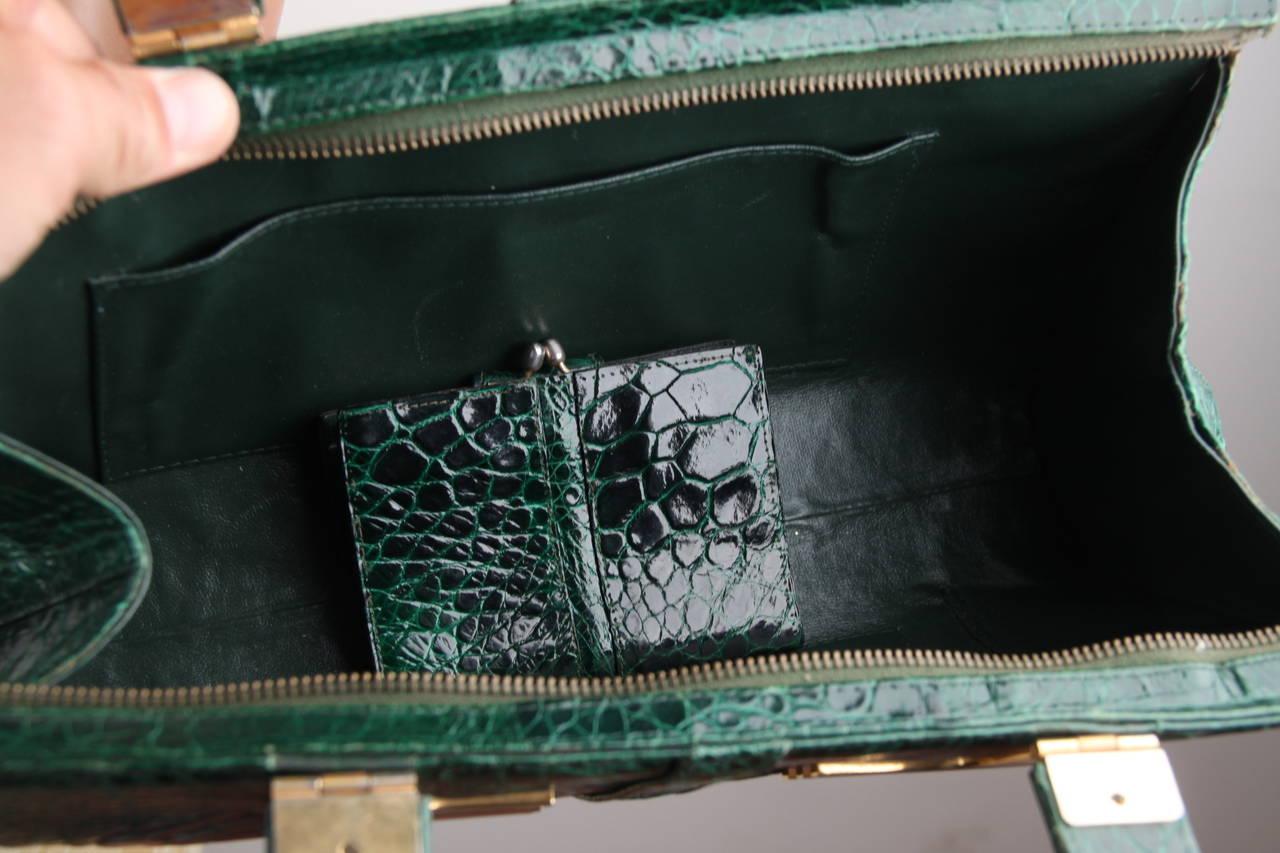 VINTAGE Italian Green TURTLE SKIN Leather TOTE HANDBAG w/ Matching Wallet 1