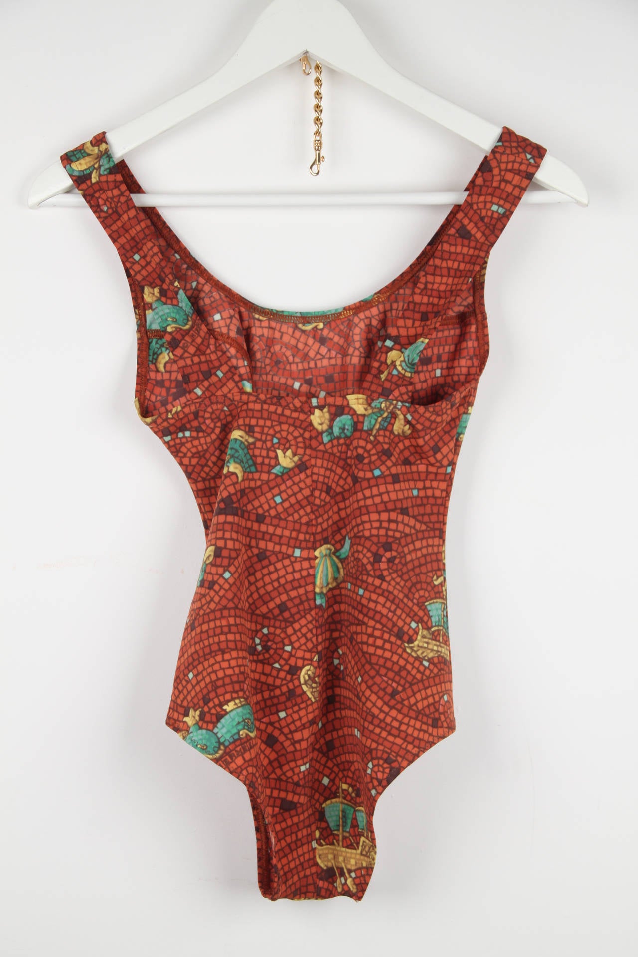 HERMES Vintage Brown MOSAIC Print ONE PIECE SWIMSUIT Size