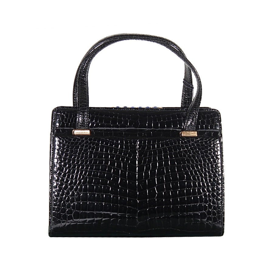 GUCCI Italian RARE VINTAGE Black CROCODILE Tote HANDBAG Purse w/ LAPIS