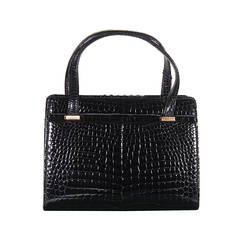 GUCCI Italian RARE Vintage Black CROCODILE Tote HANDBAG Purse w/ LAPIS