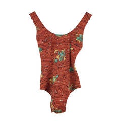 HERMES Vintage Brown MOSAIC Print ONE PIECE SWIMSUIT Size 38 6