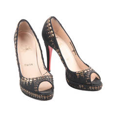 CHRISTIAN LOUBOUTIN Black Fabric OPEN TOE PUMPS Heels SHOES w/ STUDS 40