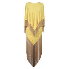 LORIS AZZARO Vintage 70s Yellow CAPE TOP & SKIRT SET Dress Long CHAIN FRINGES 3