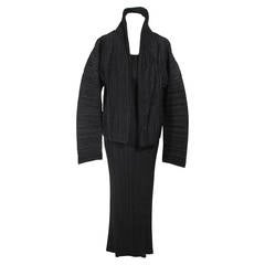 ISSEY MIYAKE Black Pleated DRESS SUIT Jacket & Maxi Dress SET Size S