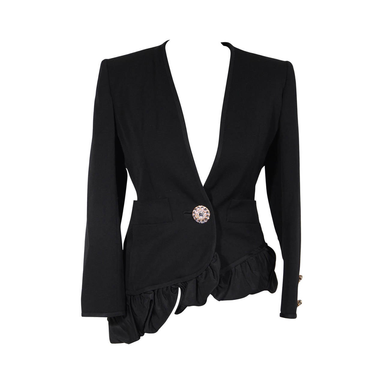 YVES SAINT LAURENT RIVE GAUCHE Black BLAZER Jacket w/ RUFFLE Hem Sz 34 FR