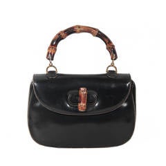 GUCCI Italian Retro Black Leather BAMBOO BAG Handbag PURSE Rare
