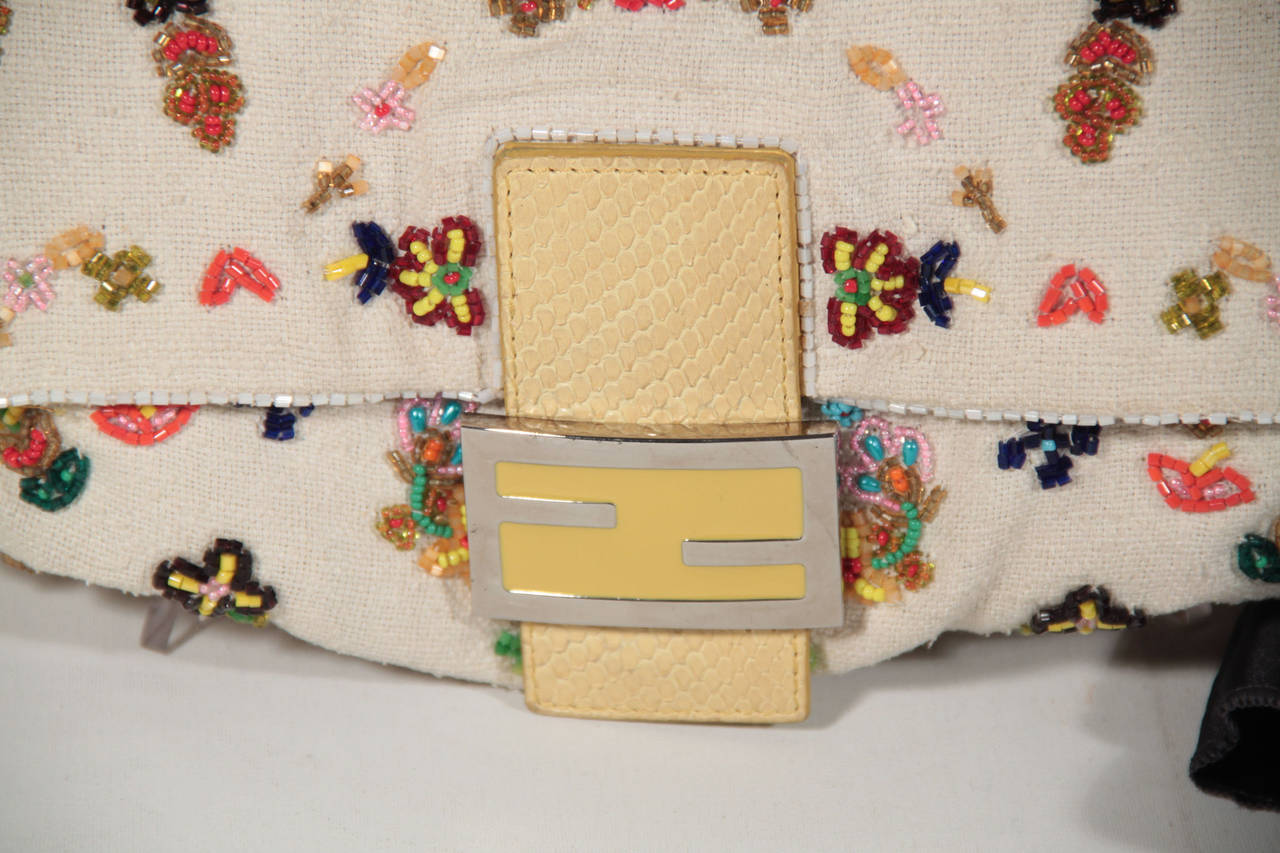 FENDI Beaded Linen Canvas & Snakeskin MAMA BAG Shoulder Bag w/ BOX RARE In Excellent Condition In Rome, Rome