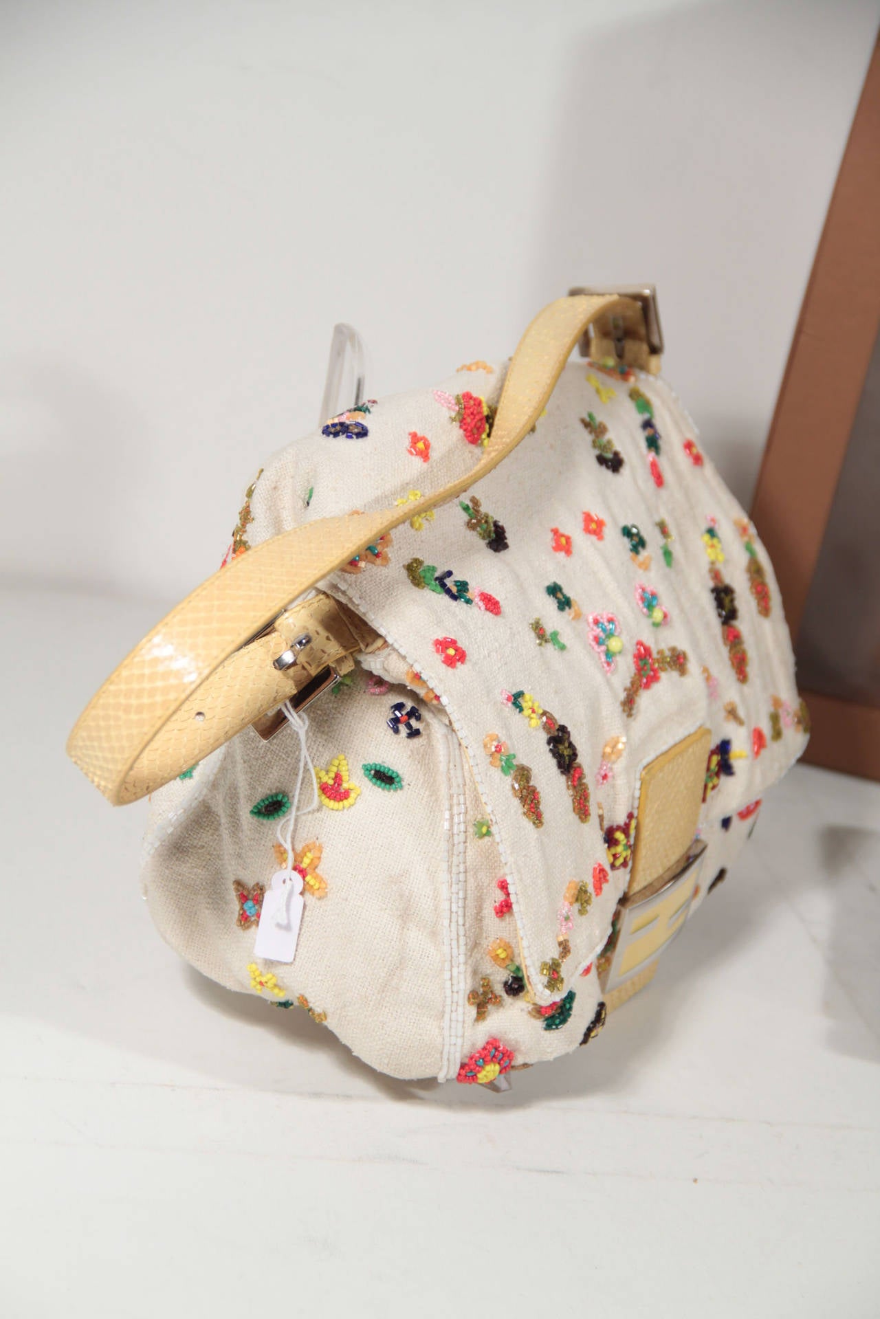 FENDI Beaded Linen Canvas & Snakeskin MAMA BAG Shoulder Bag w/ BOX RARE 2