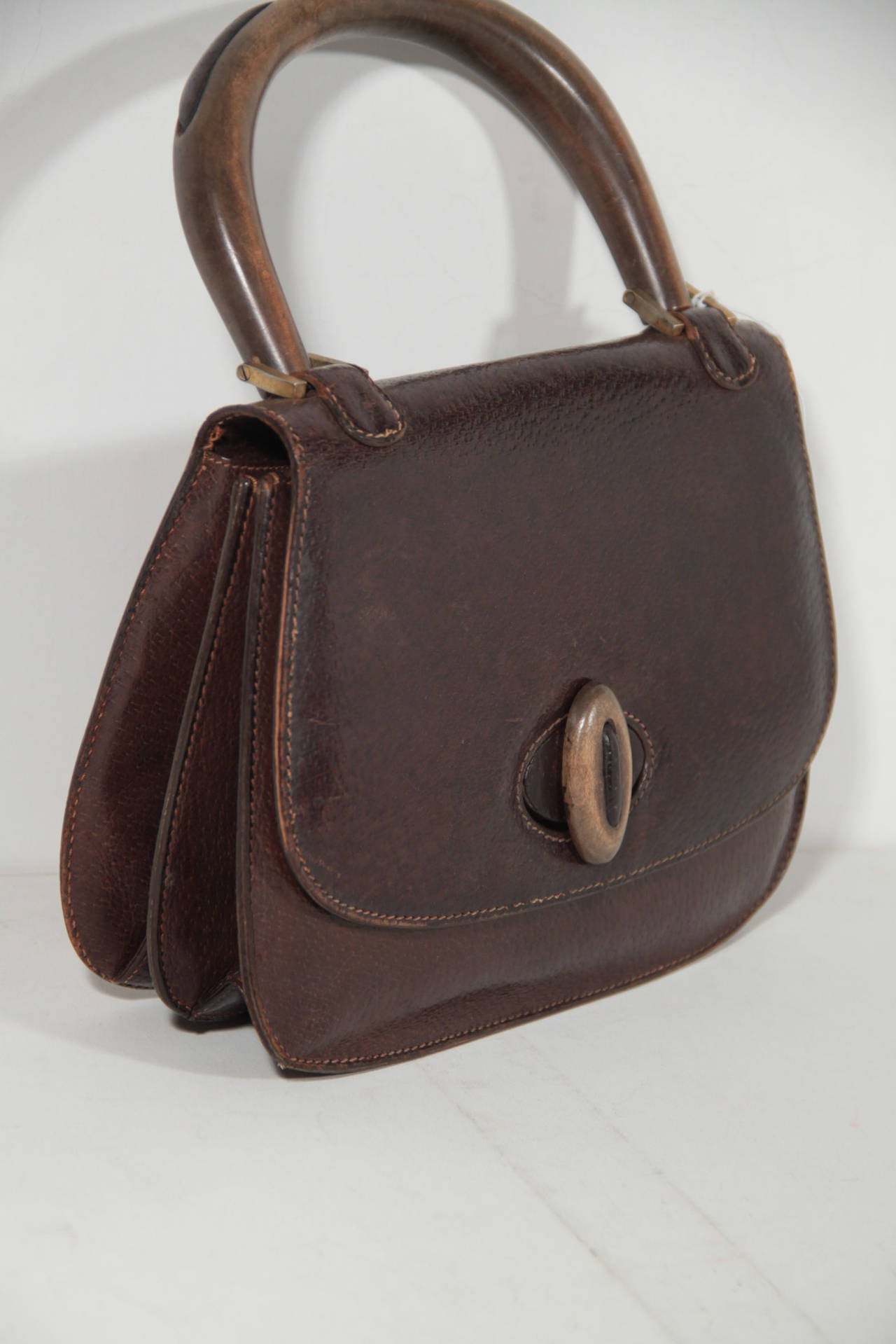 GUCCI VINTAGE 60s Brown Leather HANDBAG Top WOOD Handle Bag WOOD RARE AS at 1stdibs