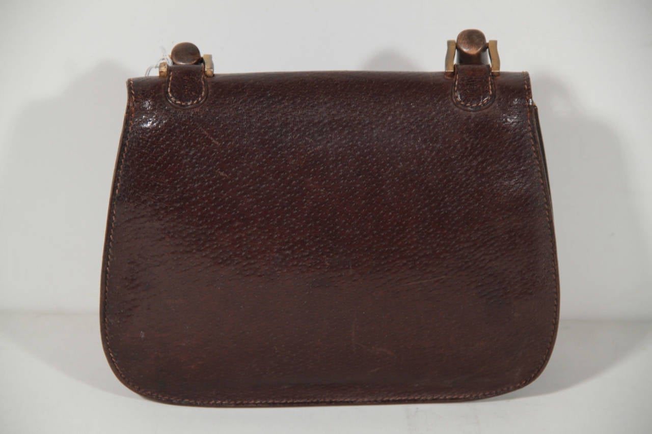 GUCCI VINTAGE 60s Brown Leather HANDBAG Top WOOD Handle Bag WOOD RARE AS at  1stDibs