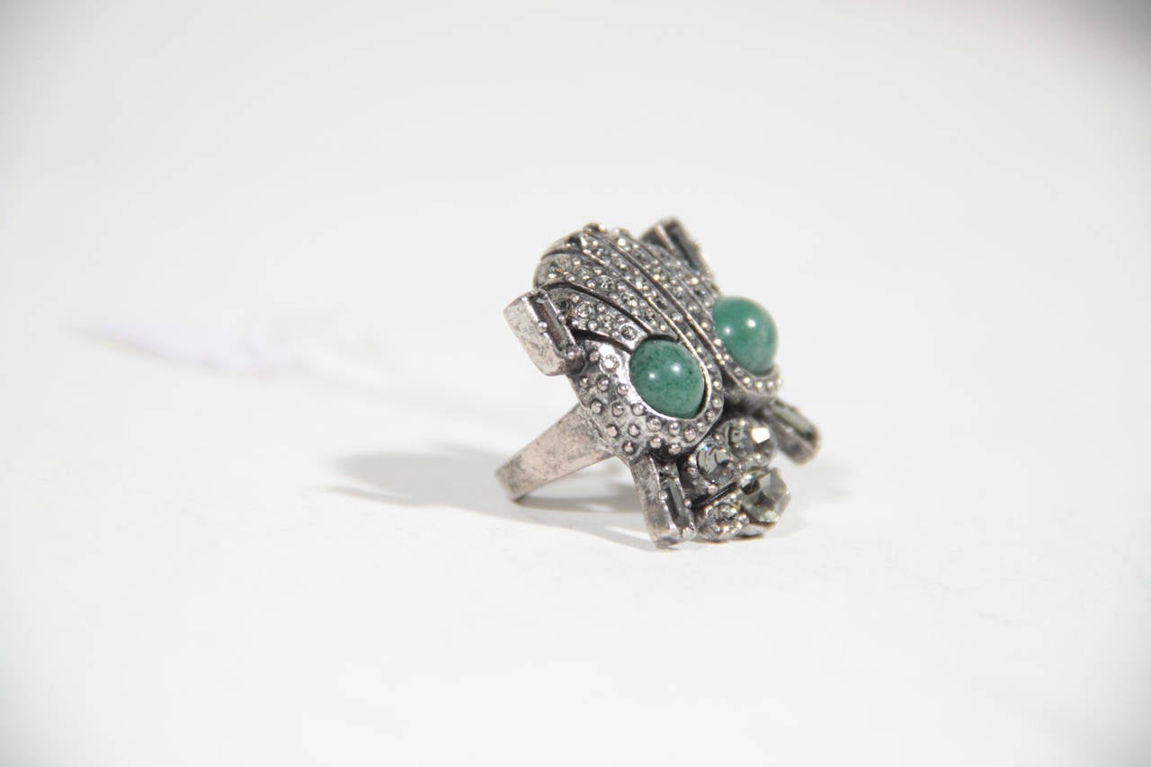 LANVIN Silver metal RHINESTONES SKULL RING w/ Green Hard Stones SIZE 55 MQ7