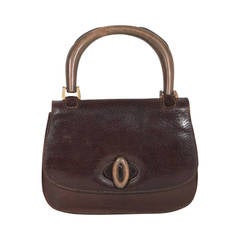 GUCCI Retro 60s Brown Leather HANDBAG Top WOOD Handle Bag WOOD RARE AS