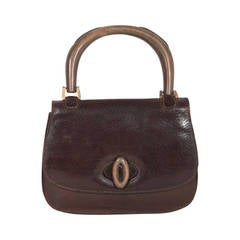 GUCCI Vintage 60s Brown Leather HANDBAG Top WOOD Handle Bag WOOD RARE AS