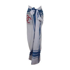 CHANEL VINTAGE White & Blue Cotton PAREO Shawl SCARF w/ Red CC LOGO