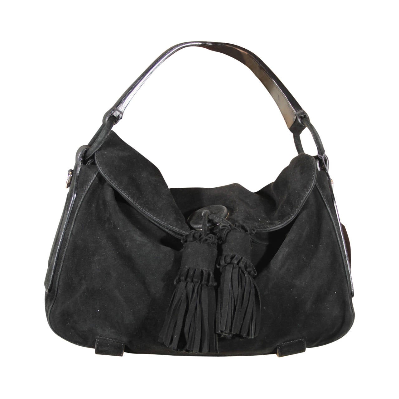 YVES SAINT LAURENT Black Suede SHOULDER BAG Tote HOBO w/ TASSELS