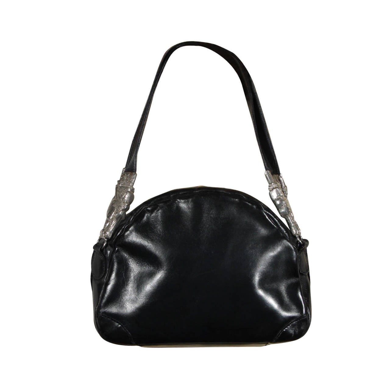 ROBERTA DI CAMERINO Vintage Black Leather HANDBAG Bag  w/ HORSE HEADS