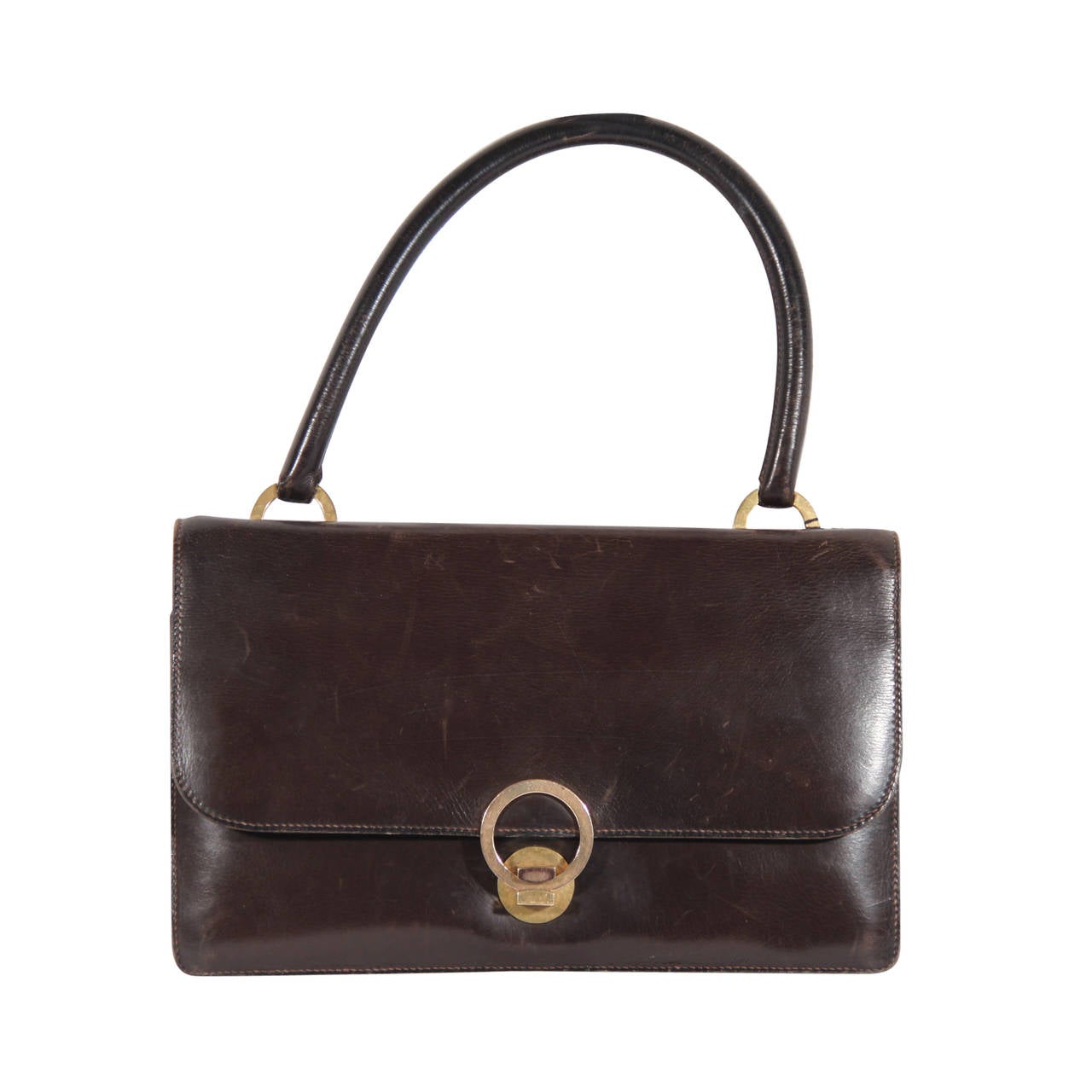HERMES PARIS Vintage Brown Leather RING BAG Flap Purse HANDBAG