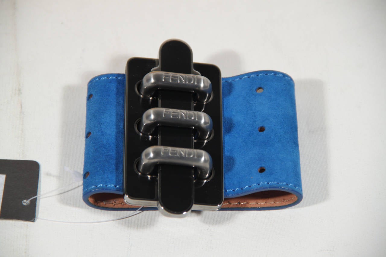 Women's FENDI Cobalt Blue Goat Leather SUEDE CUFF BRACELET Perforated w/ BOX AS243