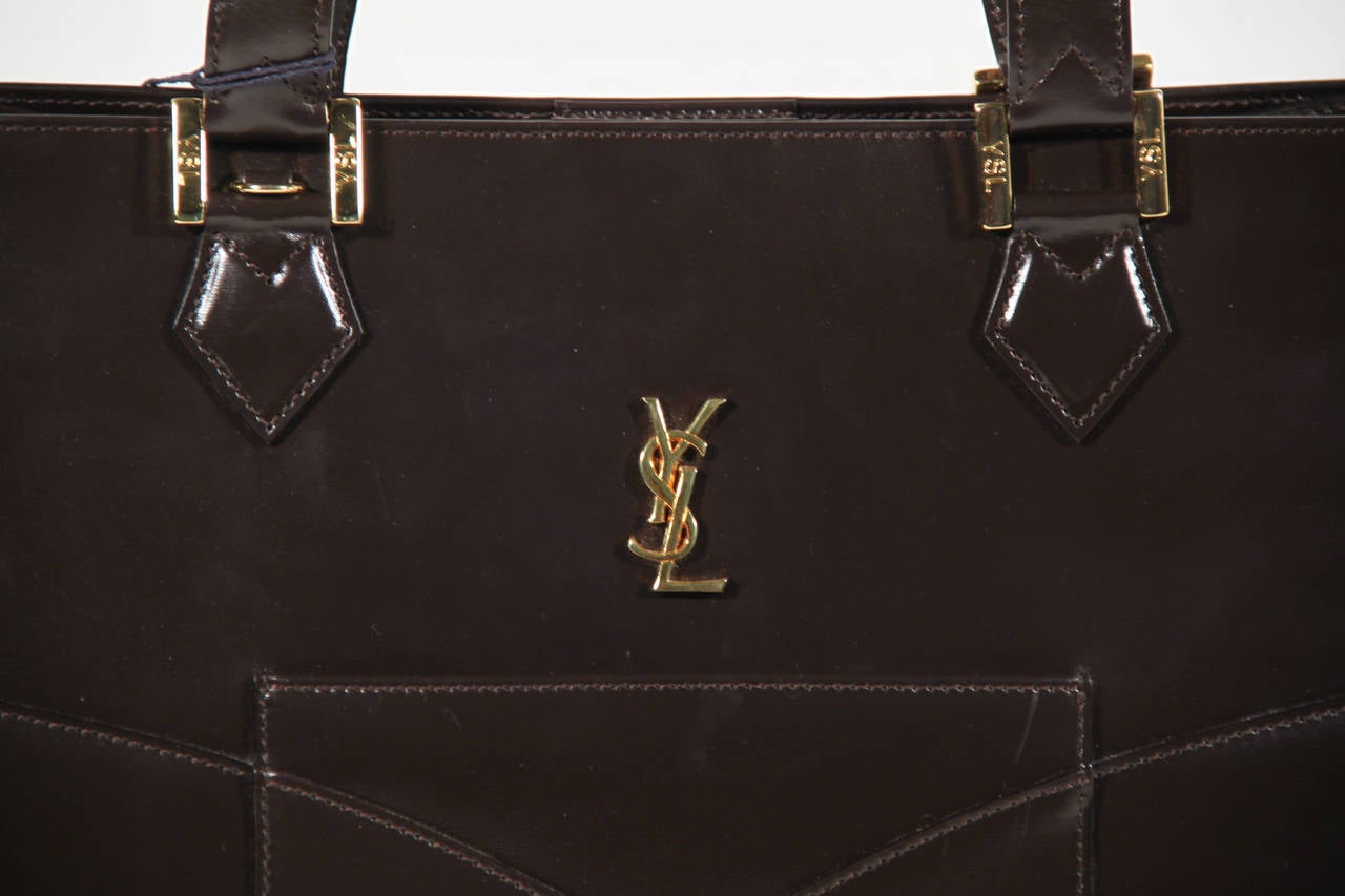 Black YVES SAINT LAURENT Vintage Brown Leather SATCHEL Handbag TOTE w/ Strap AS