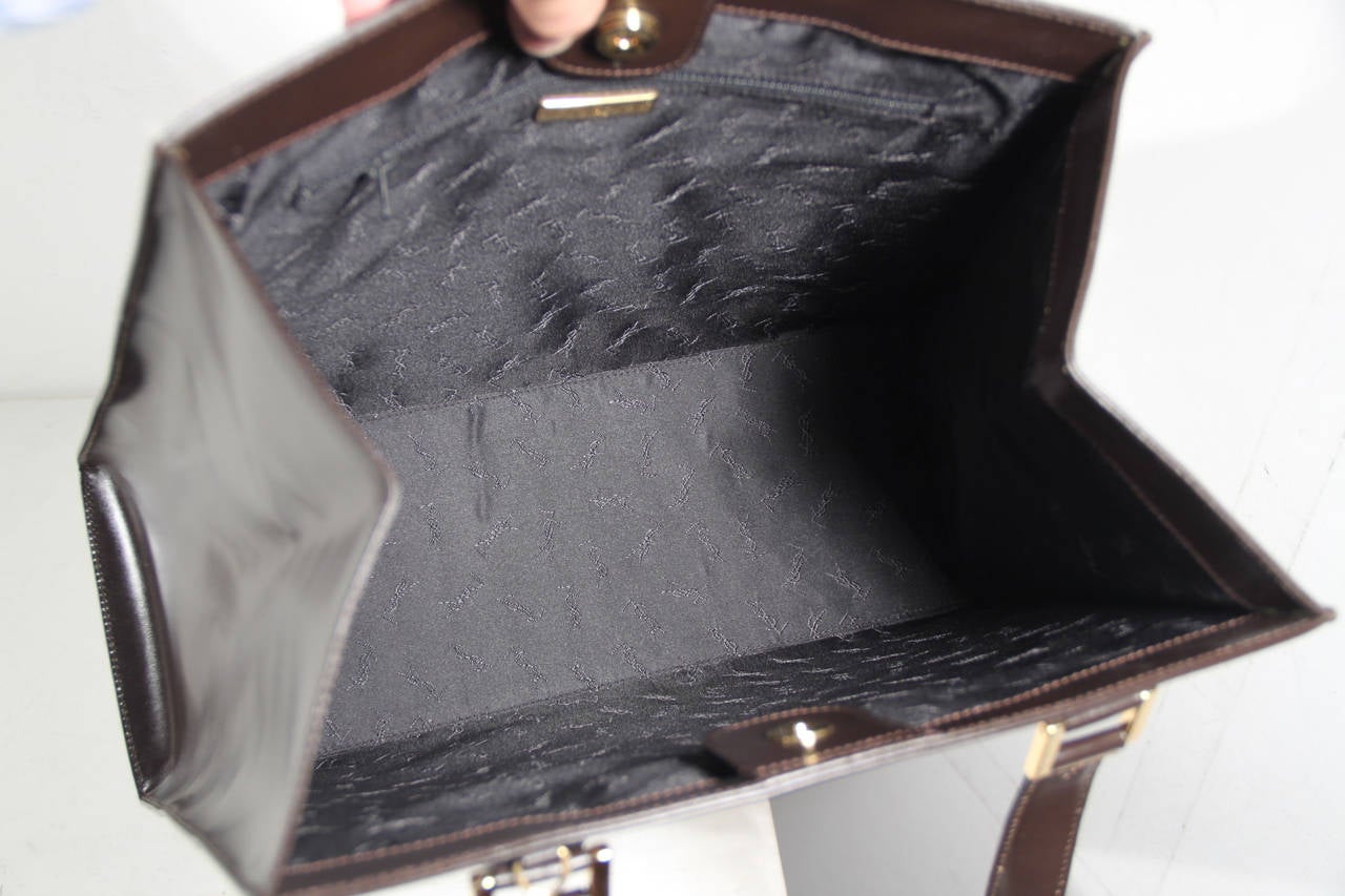 YVES SAINT LAURENT Vintage Brown Leather SATCHEL Handbag TOTE w/ Strap AS 3