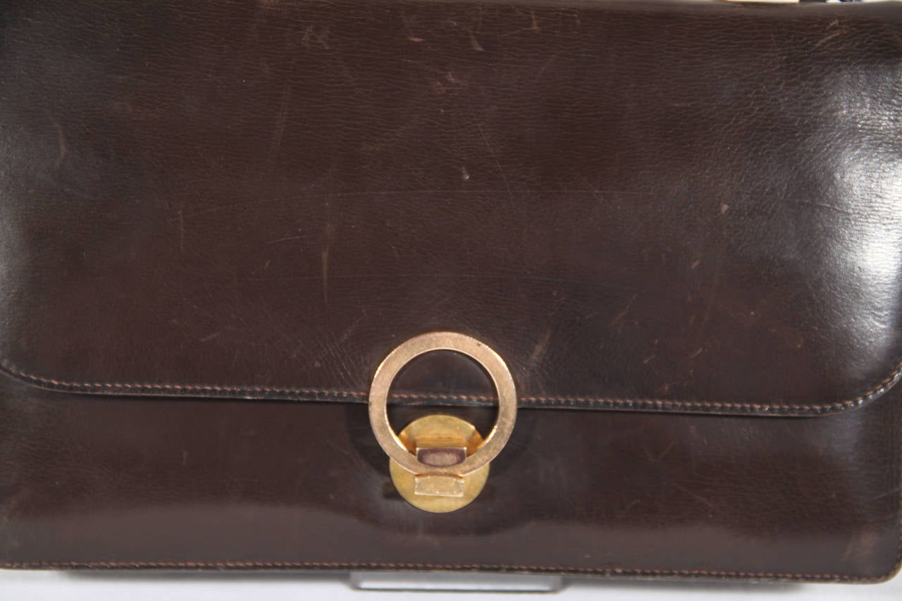 Women's HERMES PARIS Vintage Brown Leather RING BAG Flap Purse HANDBAG