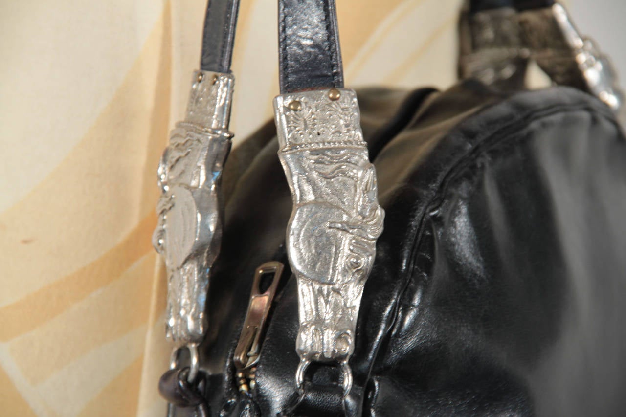 ROBERTA DI CAMERINO Vintage Black Leather HANDBAG Bag  w/ HORSE HEADS 3