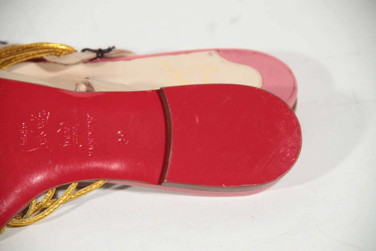 CHRISTIAN LOUBOUTIN Vintage Pink & Gold Leather STRAPPY FLAT SANDALS Sz 39 1