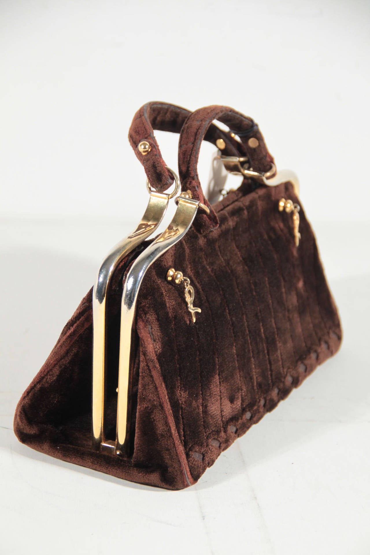Women's ROBERTA DI CAMERINO Italian VINTAGE Brown Velvet DOCTOR BAG Handbag Purse