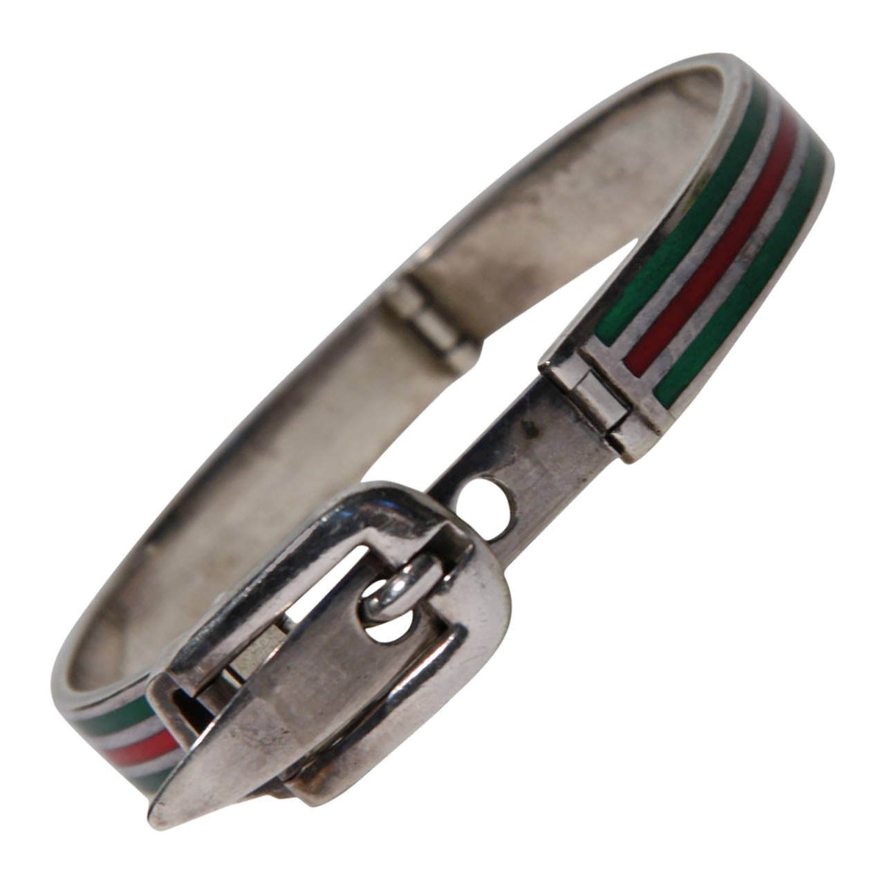 Auth GUCCI VINTAGE Sterling Silver 925 & Enamel Stripes BELT BRACELET Bangle