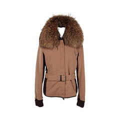 PRADA Tan BELTED ZIP JACKET Fur Collar SZ 44 IT SC 12