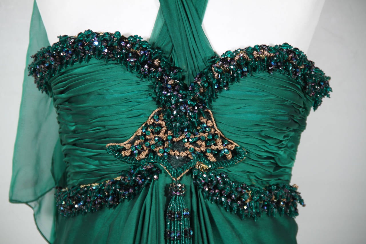 ODICINI COUTURE VINTAGE Green Silk MAXI DRESS Gown w/ Embellished Bustier In Excellent Condition In Rome, Rome