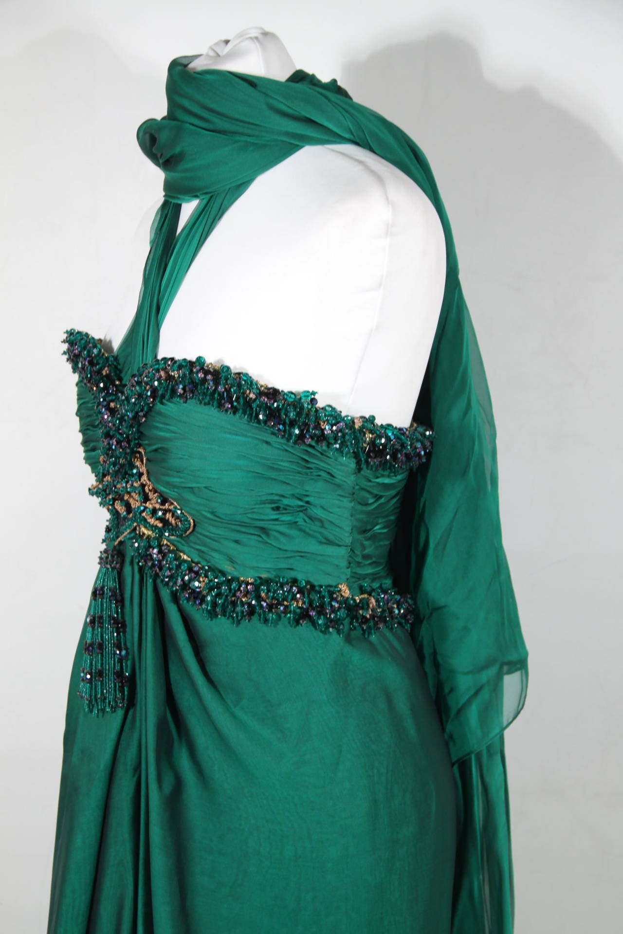 ODICINI COUTURE VINTAGE Green Silk MAXI DRESS Gown w/ Embellished ...