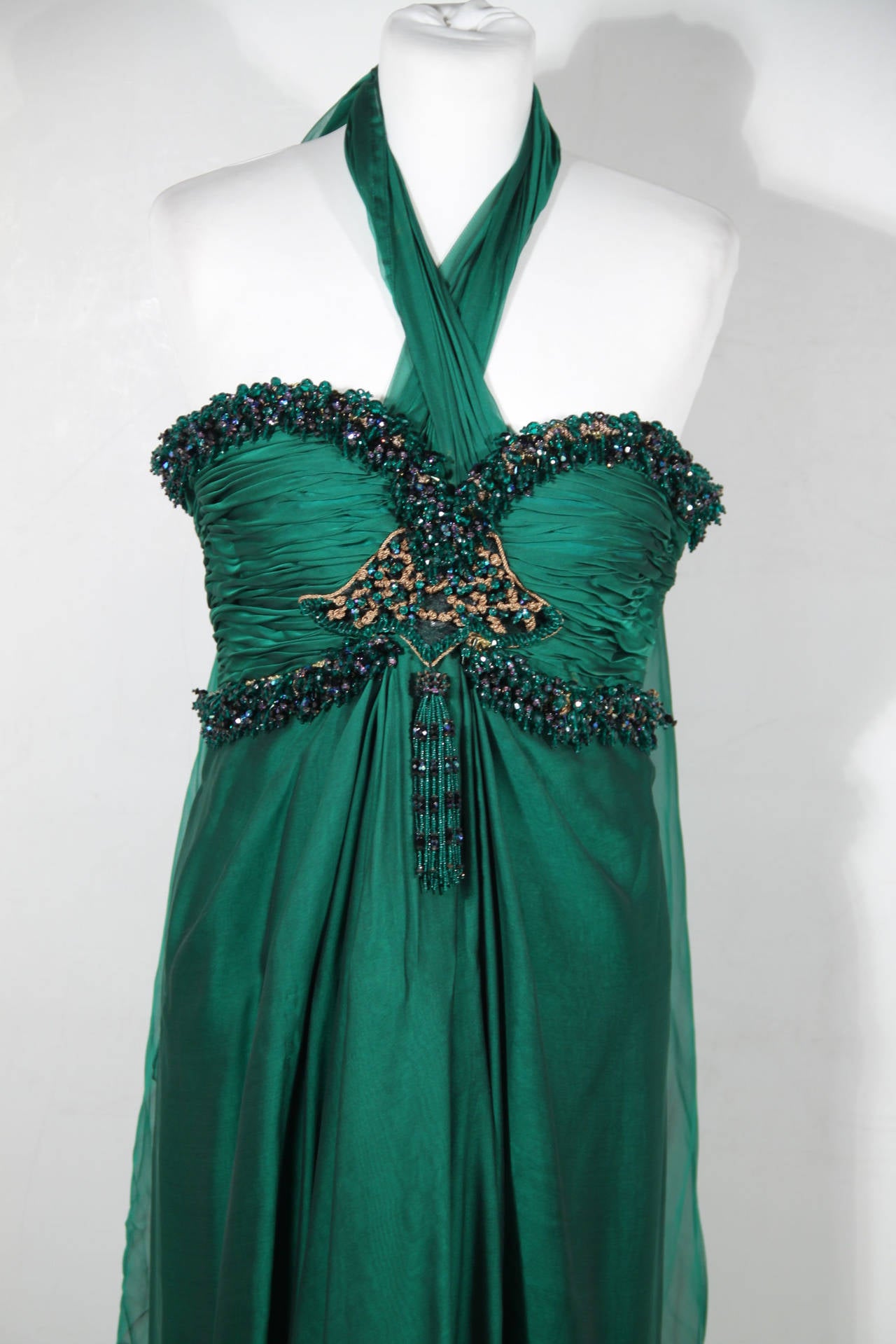 ODICINI COUTURE VINTAGE Green Silk MAXI DRESS Gown w/ Embellished Bustier 2