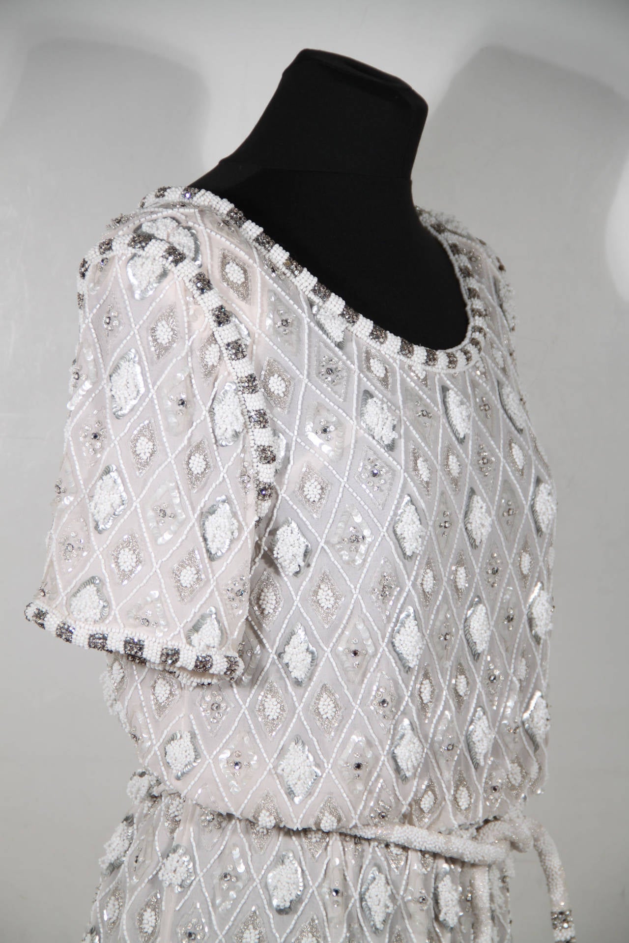 ANDREA ODICINI COUTURE Italian VINTAGE White BEADED DRESS w/ Stole & Belt 3