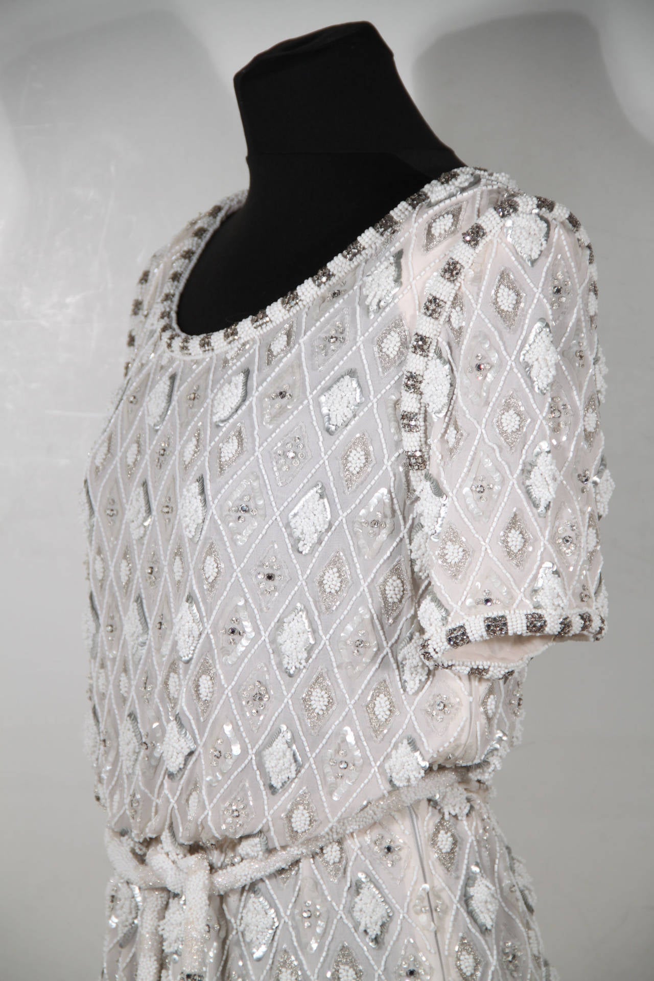 ANDREA ODICINI COUTURE Italian VINTAGE White BEADED DRESS w/ Stole & Belt 2