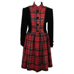 ANDREA ODICINI VINTAGE Velvet & Tartan Cashmere REDINGOTE Coat ROBE MANTEAU 2