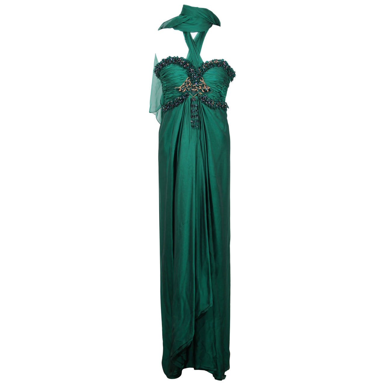 ODICINI COUTURE VINTAGE Green Silk MAXI DRESS Gown w/ Embellished Bustier