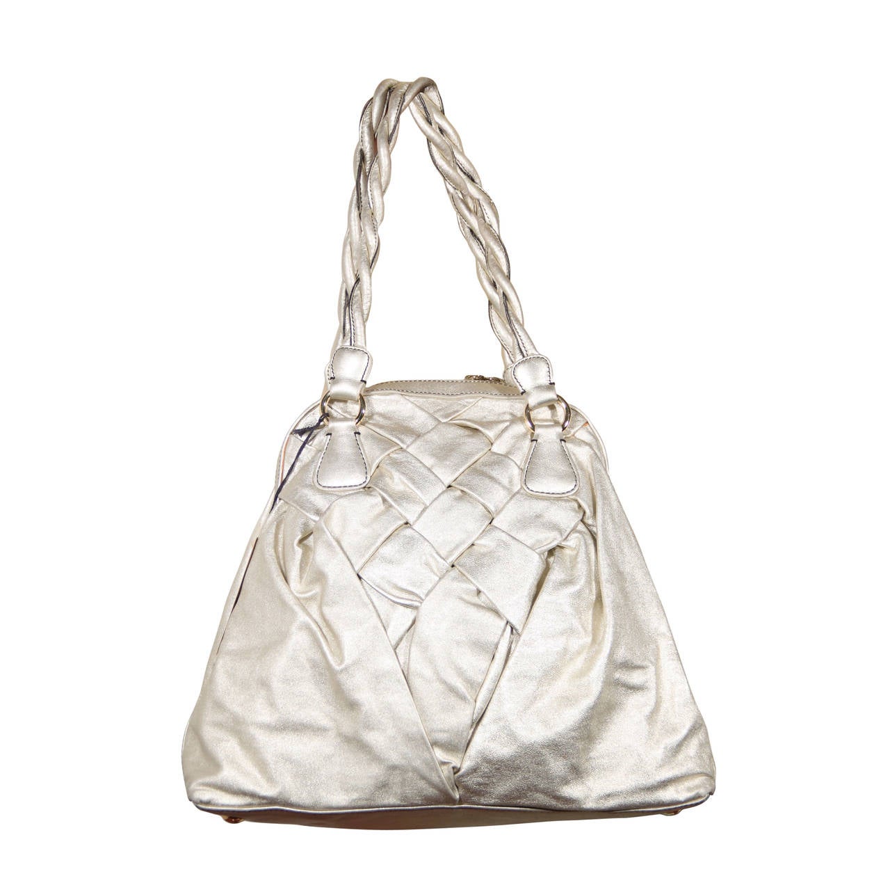 VALENTINO GARAVANI Italian Authentic Silver Tone Leather WOVEN TOTE Bag