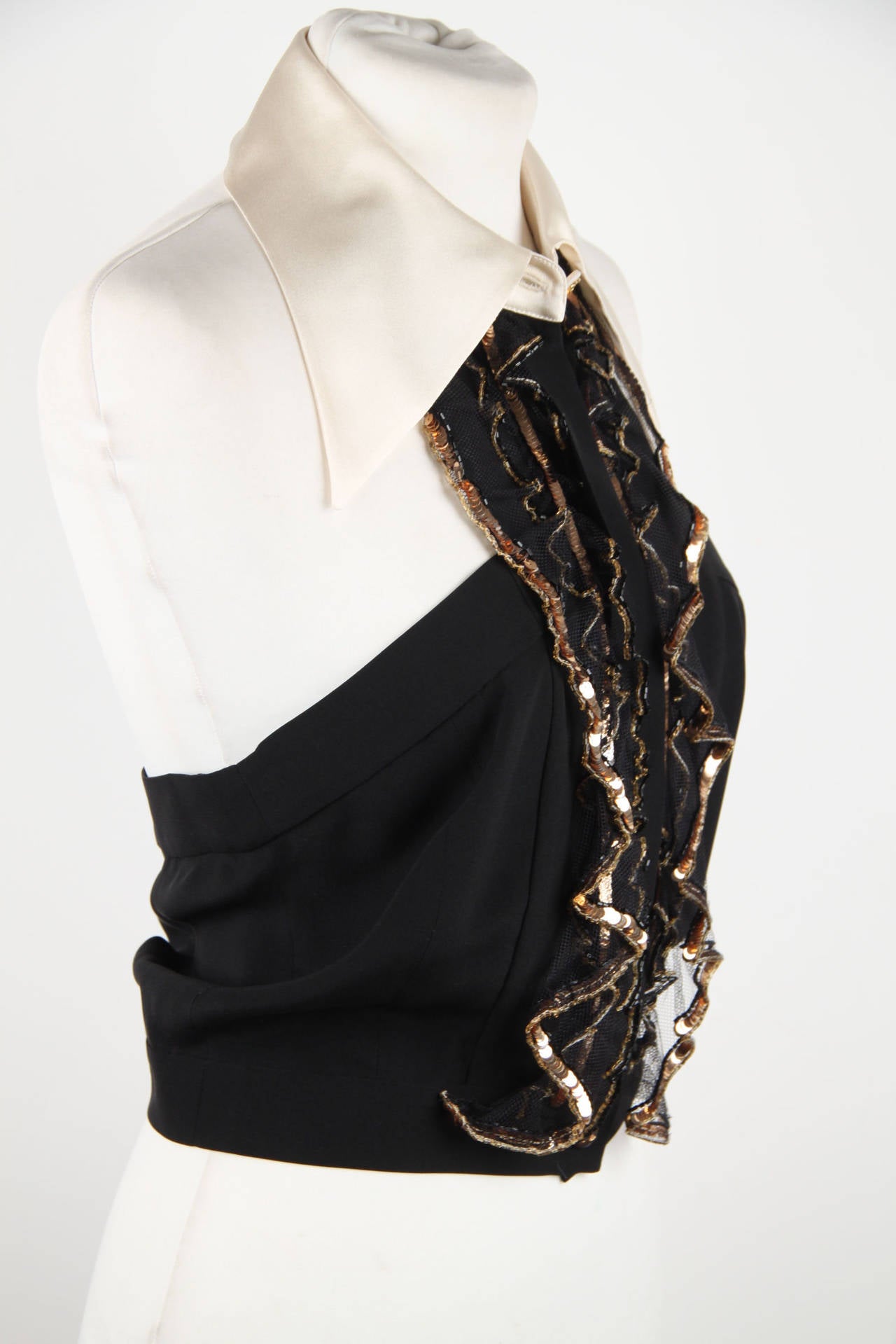 CHANEL BOUTIQUE Vintage Black Silk RUFFLED Cropped TOP w/ Sequins Sz 38