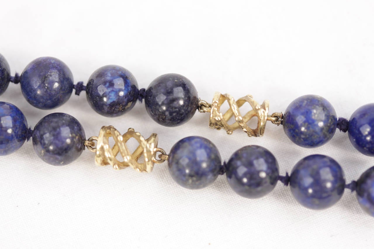 VINTAGE 1970s Blue LAPIS LAZULI GEMSTONE Beads NECKLACE w/ 18K Gold Spacers 1