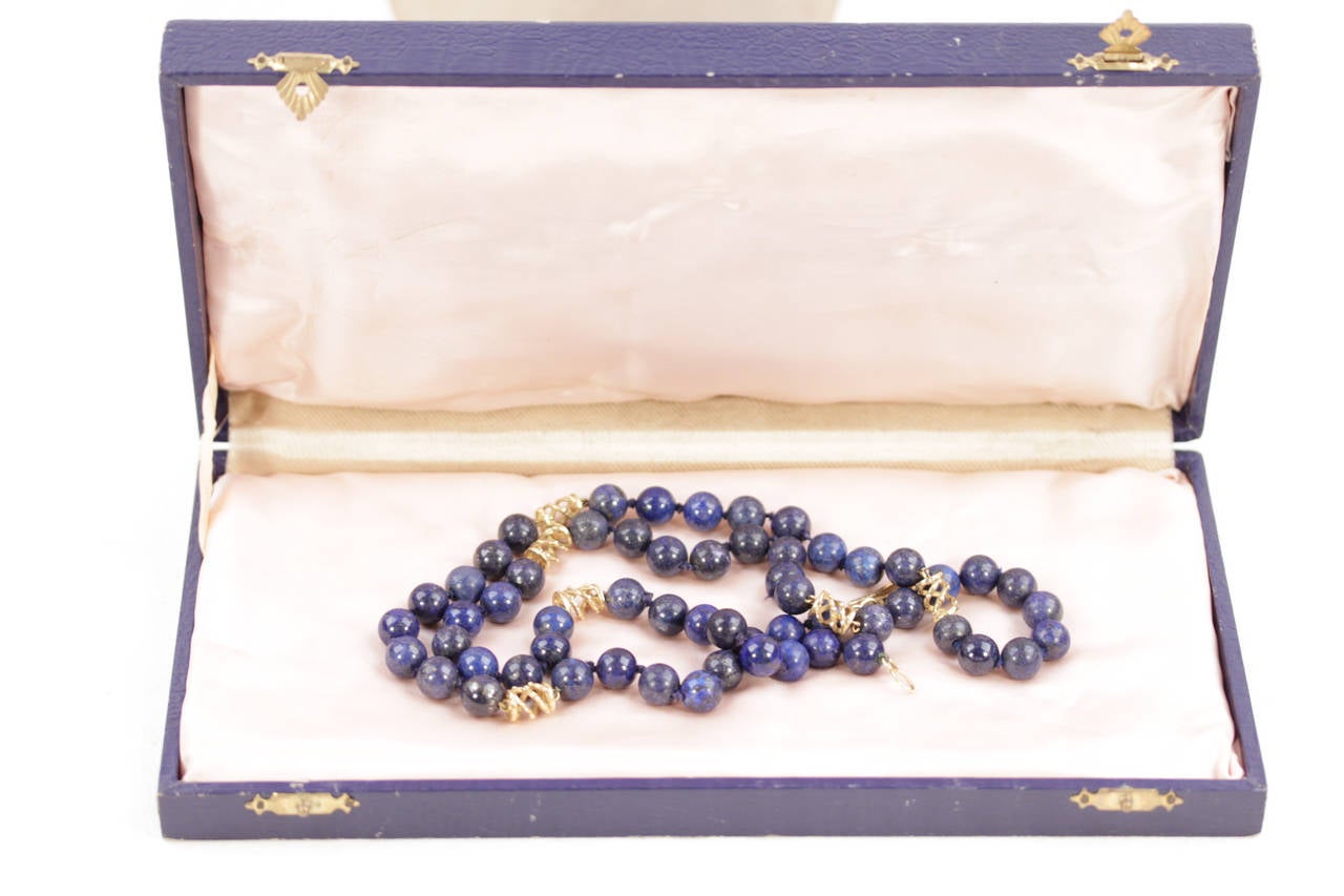VINTAGE 1970s Blue LAPIS LAZULI GEMSTONE Beads NECKLACE w/ 18K Gold Spacers 4
