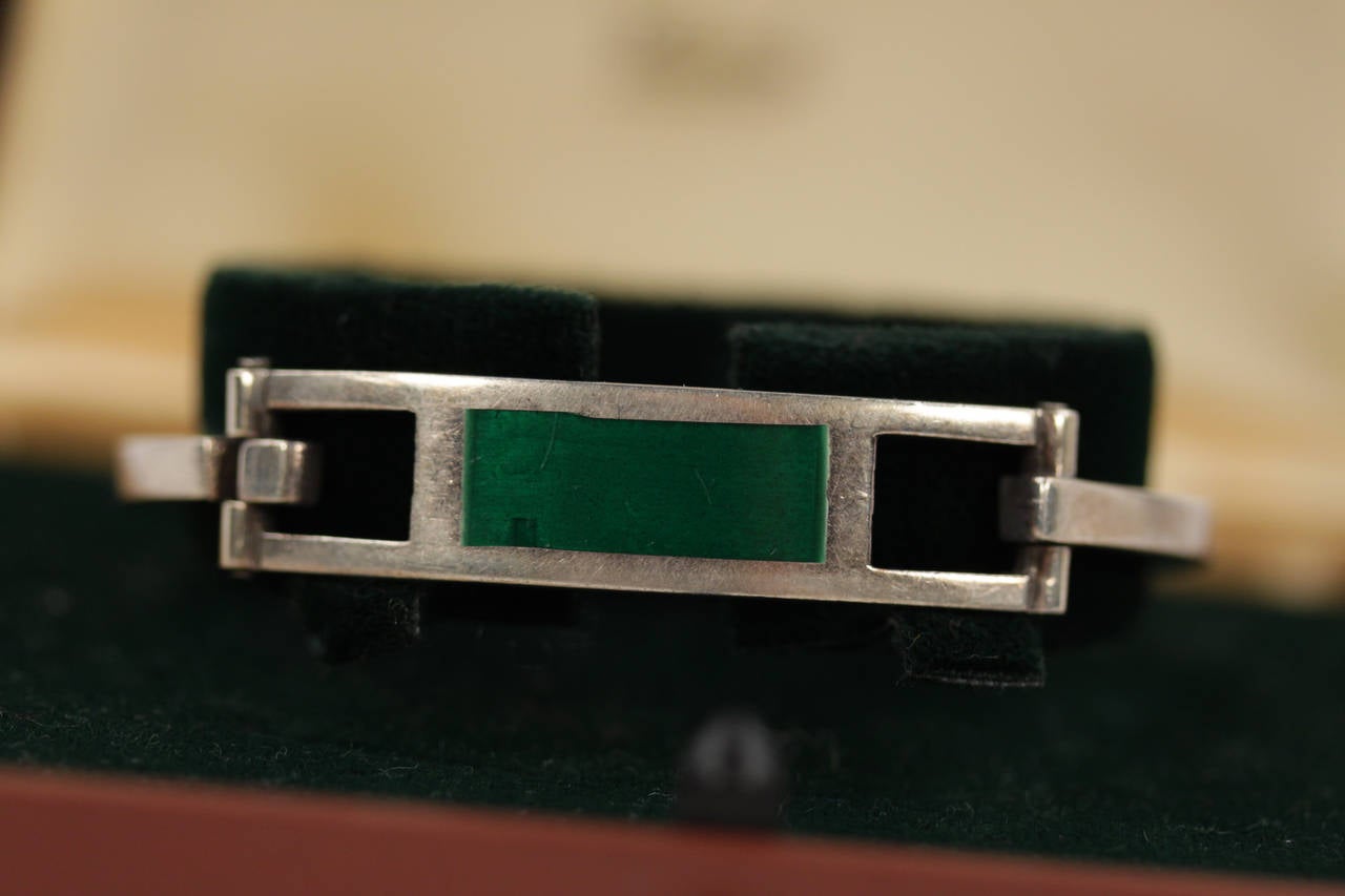 GUCCI VINTAGE Sterling Silver 925 Green Enamel BANGLE Bracelet w/ Case RARE 2