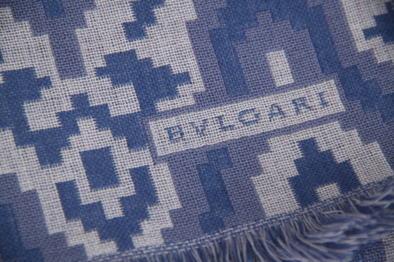 BULGARI BVLGARI Italian Blue Wool WRAP SCARF Geometric Pattern w/ BOX In Excellent Condition In Rome, Rome