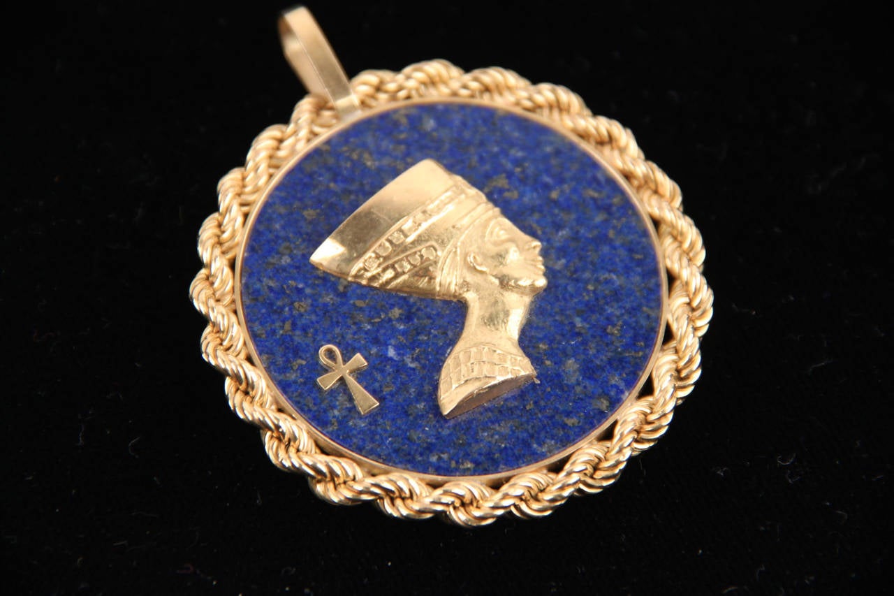 Egyptian Revival Blue LAPIS Yellow Gold Round Egyptian NEFERTITI PENDANT For Necklace