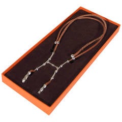 HERMES PARIS Brown Leather BAMBOU HALTER NECKLACE Silver Metal COLLIER