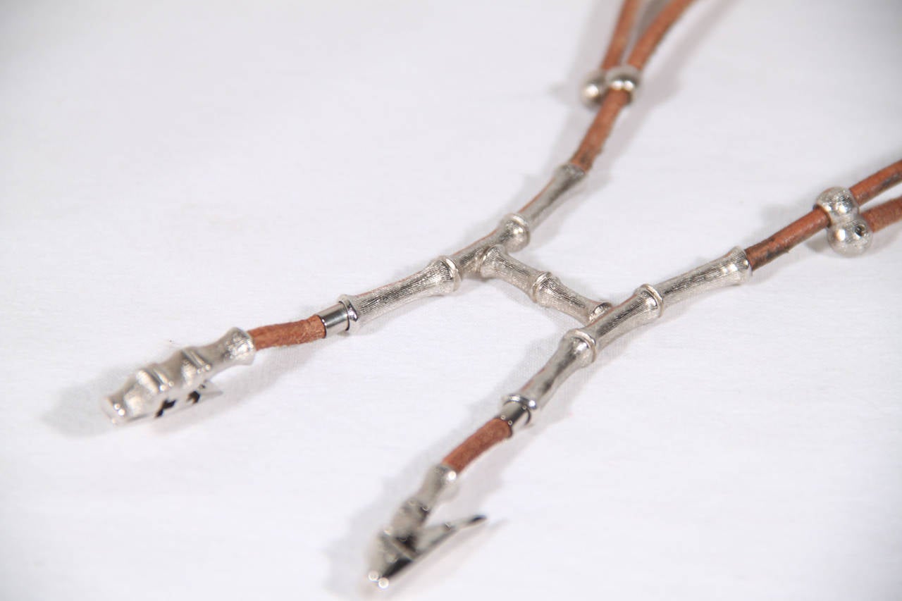 HERMES PARIS Brown Leather BAMBOU HALTER NECKLACE Silver Metal COLLIER In Excellent Condition In Rome, Rome