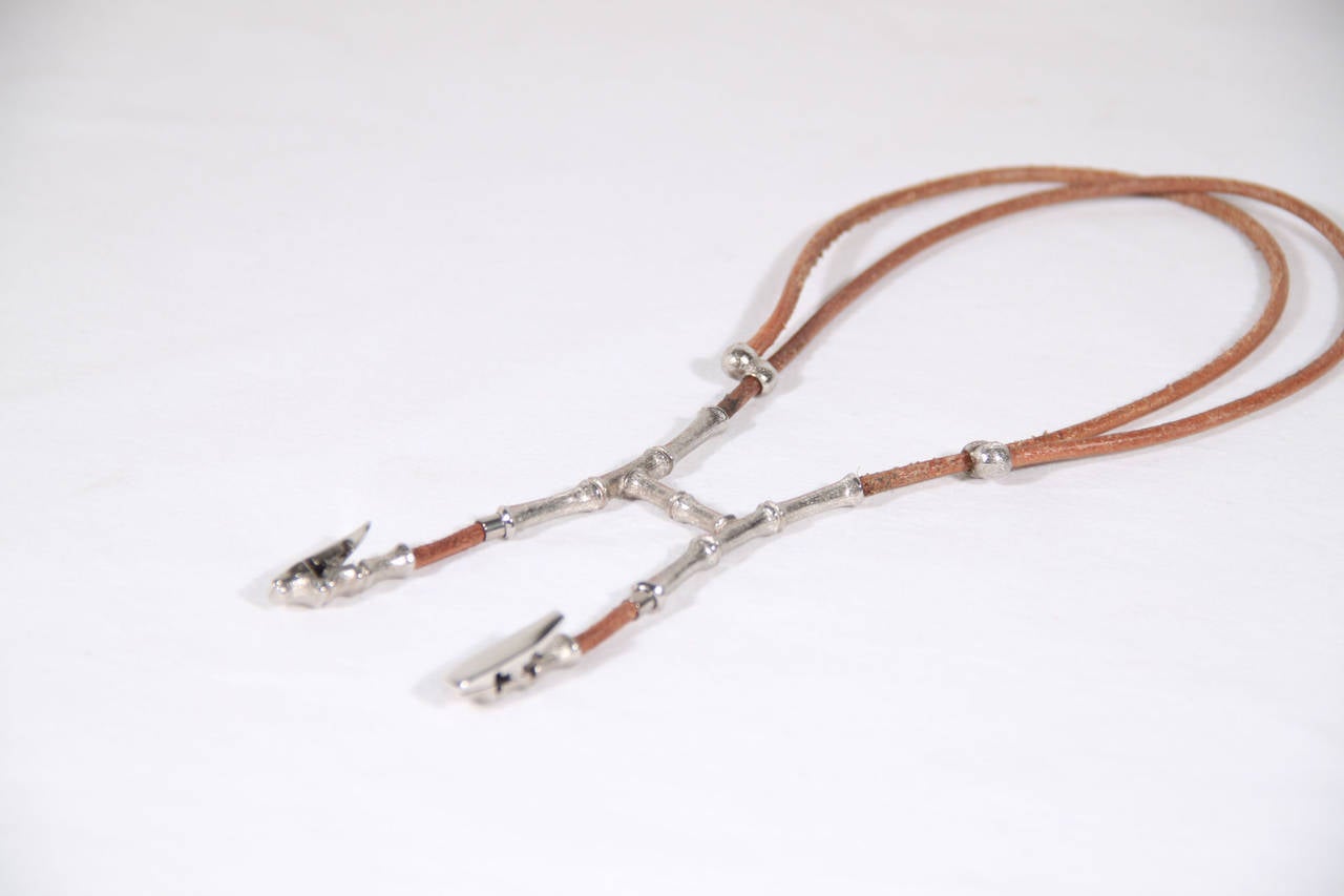 Women's HERMES PARIS Brown Leather BAMBOU HALTER NECKLACE Silver Metal COLLIER